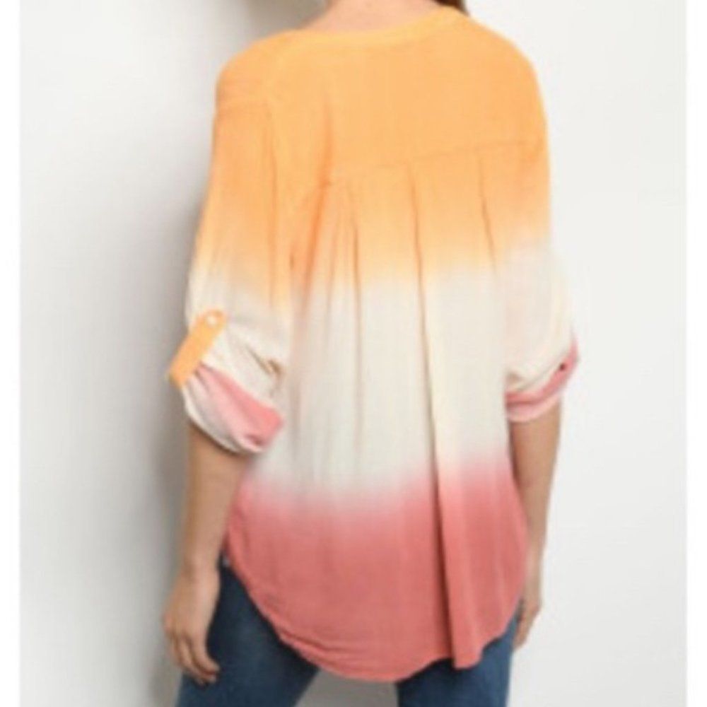 Boho V-Neck Tunic Ombre` Button Front Dip Dye Top NEW - Picture 6 of 12